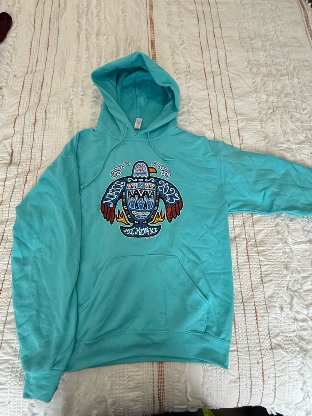 Turquoise Graphic Hoodie with Colorful Turtle Motif